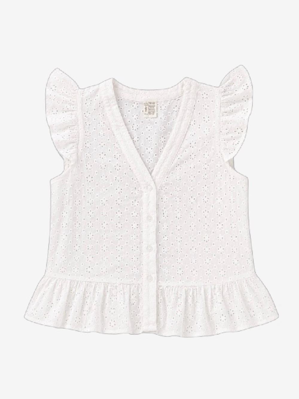 Japna White Eyelet Ruffle Button-Front Top